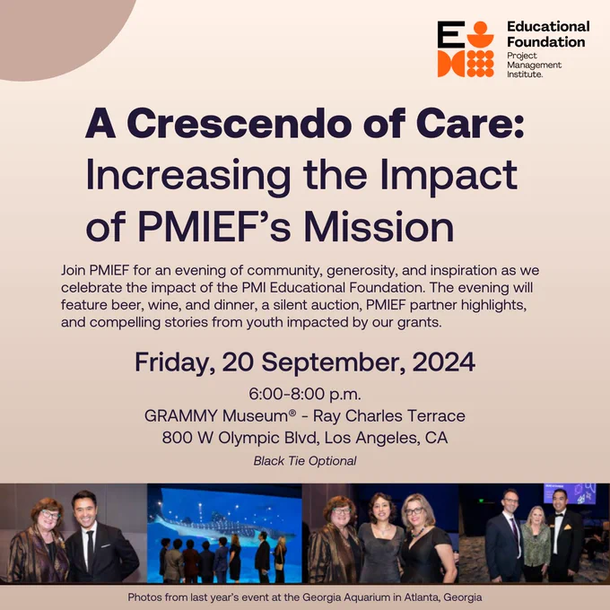 Promotional poster for "A Crescendo of Care: Increasing the Impact of PMIEF's Mission" event on Friday, September 8, 2024, at the Grammy Museum in Los Angeles. Features event details, including time and location. The poster includes a group of smiling individuals at a previous event captioned "Photos from last year's event at the Georgia Aquarium in Atlanta, Georgia." The PMIEF logo is displayed.
