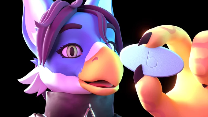 3D model of my fursona holding a large pill of Estradiol