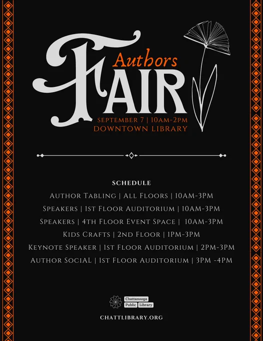 authors fair. 9/7/24, downtown chattanooga library, 10am - 2pm. author tabling, speakers, kids crafts, keynote speakers, author social.