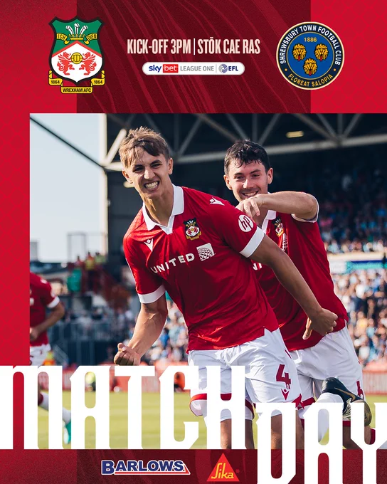 A matchday graphic for Wrexham AFC vs Shrewsbury Town, featuring Max Cleworth and Tom O'Connor celebrating at the STōK Cae Ras.