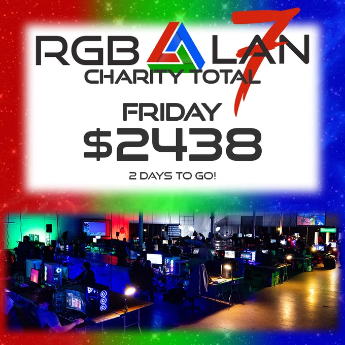 A composite image with overlaid text: RGBLAN 7 Charity total, Friday 2438, with 2 days to go! There is a 