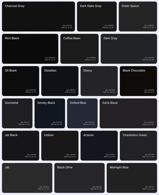 A grid of colors provided as alternatives for using pure black (#000000) on websites. HEX values for colors are provided in the article.