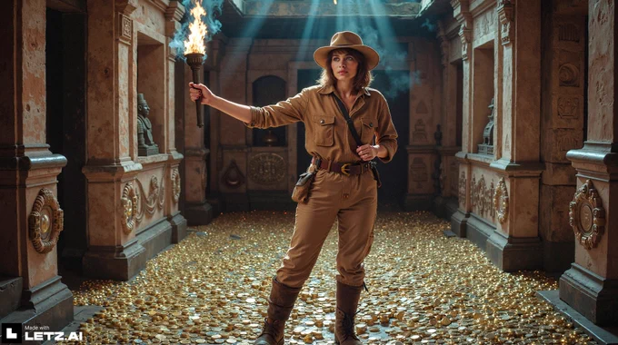 A female explorer with brown hair inside a dark temple. She is standing in a treasure room full of coins and gold. She is holding a torch that illuminates the room. A look of excitement on her face. Wearing a brown hat. The scene is imbued with a magical quality, evoking a sense of wonder and the limitless possibilities of a world beyond imagination, each detail framed in the nostalgic hues of Kodak Portra 400, capturing the essence of a timeless adventure. 
@juliewdesign_bluefilter 