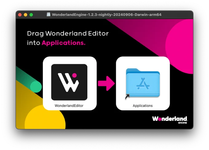 Screenshot of Wonderland Engine 1.2.3 DMG installer on MacOS.