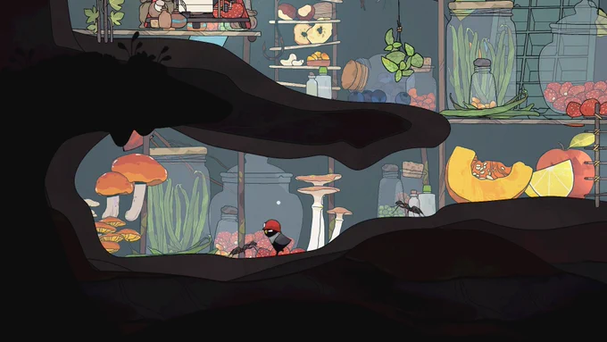 a merlie running underground (with lots of fruits and mushrooms in the background) meeting an ant.
