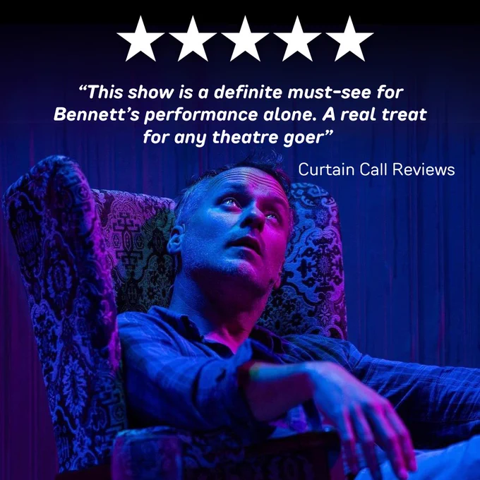 Promotional image featuring an individual in a dramatic theater performance with a glowing review from Curtain Call Reviews displayed above.