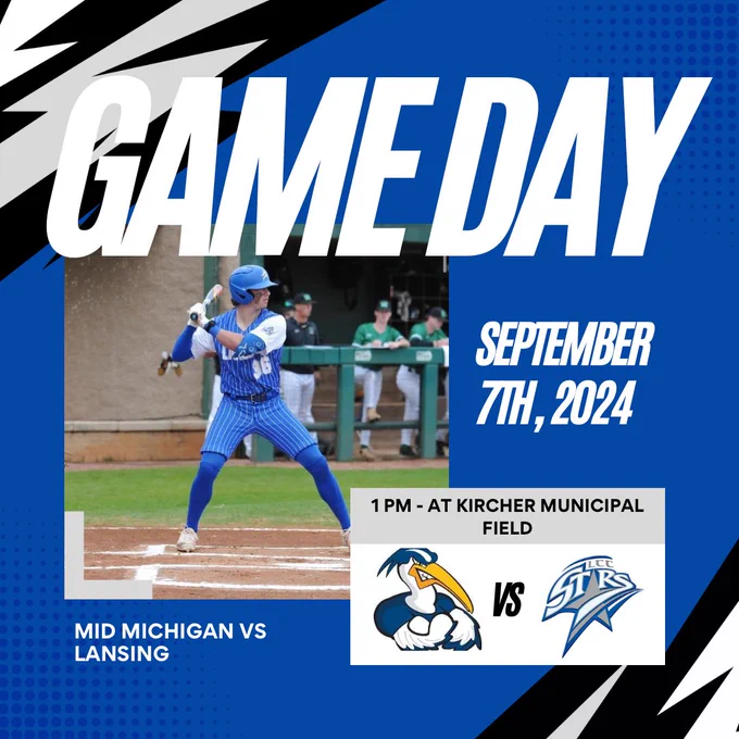 Mid Michigan versus Lansing Game Day graphic. #36 Brayden Jones (Sophomore MIF) is pictured in the graphic standing at home plate waiting to hit.