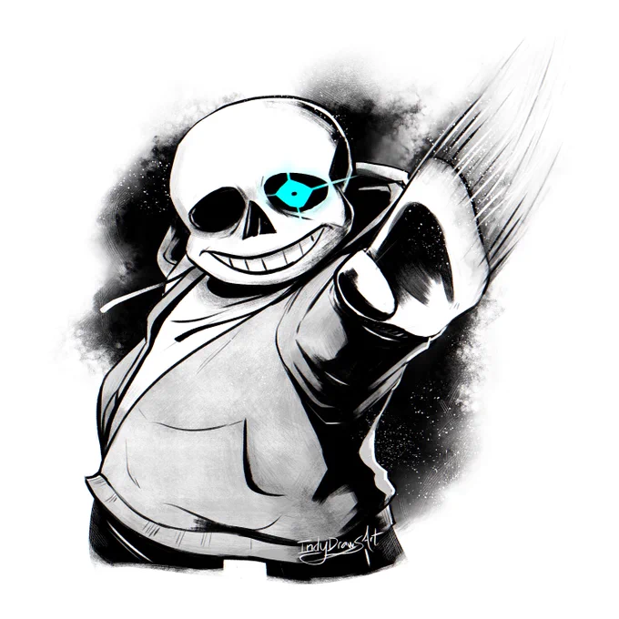 Sans the Skeleton from the video game Undertale. His left eye (on our right) glows with cyan light. His face is a tight angry grin, his right socket (our left) is dark. His left hand sweeps toward the viewer as he begins his attack. The art is rendered in black and white, digital ink with a black, wet-ink background.