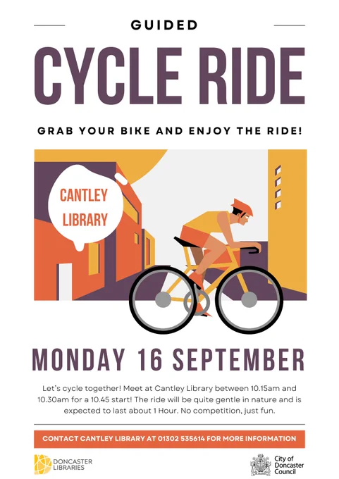 Guided Cycle Ride
Grab your bike and enjoy the ride! 
Cantley Library 
Monday 16 September 