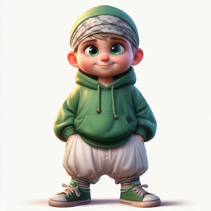 A cute boy around 6 years old, with short blond hair, oversized green clothes and white pants, hip-hop style, wearing a headscarf. He has big eyes, socks and shoes, and a happy smile. In the style of Pixar characters --v 6.1
