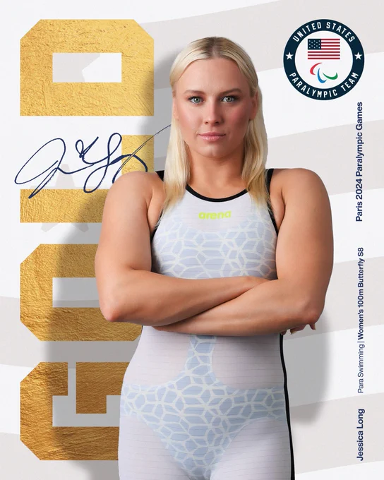 Jessica Long with her arms crossed with text Gold, women’s 100m butterfly S8.