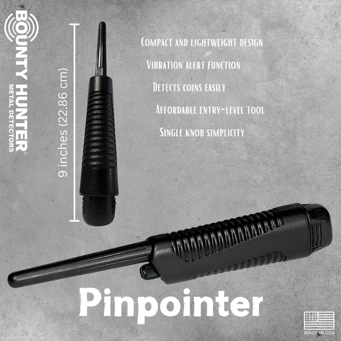 Compact Bounty Hunter Pinpointer for precise metal detection, shown with a single-knob control and durable design, ideal for treasure hunting and small object recovery.