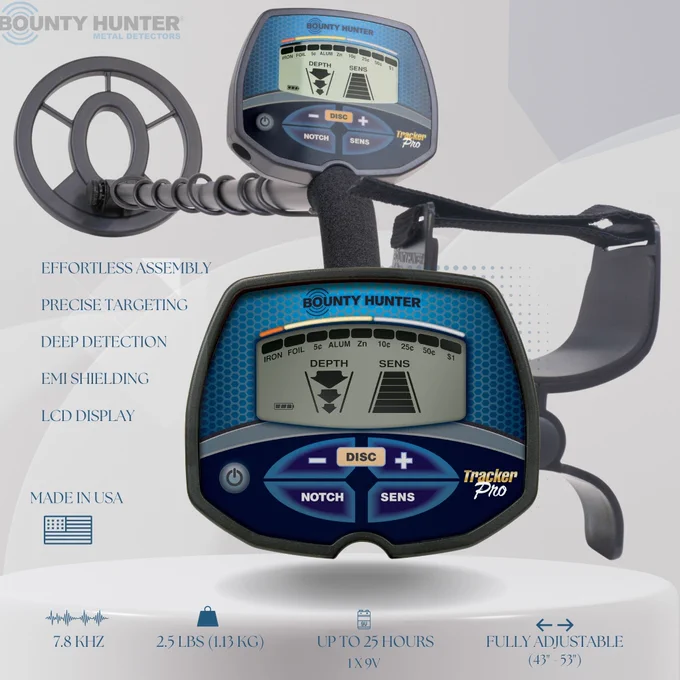 Bounty Hunter Tracker Pro Metal Detector, a lightweight and advanced tool designed for treasure hunting enthusiasts. Equipped with a waterproof searchcoil, target identification, and adjustable settings for enhanced accuracy and performance in various ground conditions.