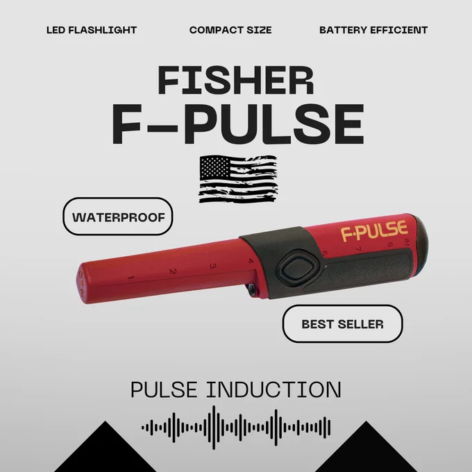 Fisher F-Pulse Pinpointer, a waterproof, pulse induction metal detecting tool designed for precise detection of buried objects in soil, sand, and water. Features include three sensitivity levels, vibration and audio alerts, LED light, and a rugged, abrasion-resistant build, making it ideal for challenging environments.