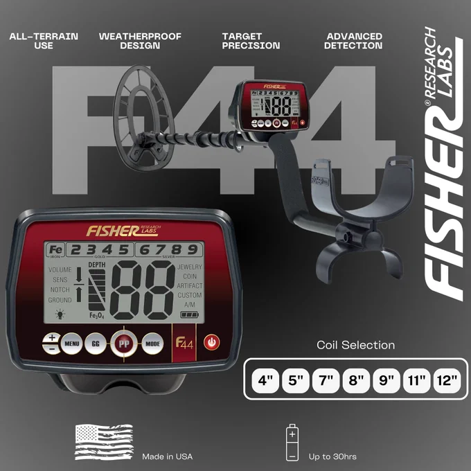 Fisher F44 Metal Detector, a weatherproof, lightweight metal detector designed for versatile treasure hunting. Features include 5 detection modes, adjustable iron audio, and a large visual display, making it ideal for detecting coins, relics, jewelry, and more in various terrains.