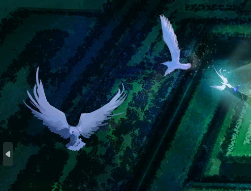 White birds flying over a hedge maze