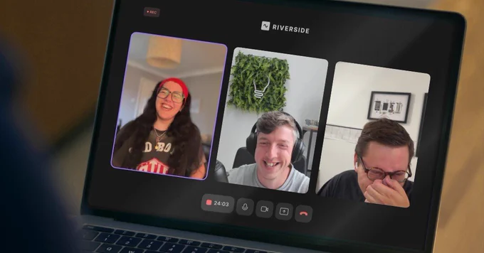 a MacBook showing Anna Beltrami, Adam Rush and Oliver Binns recording a podcast using the Riverside app.