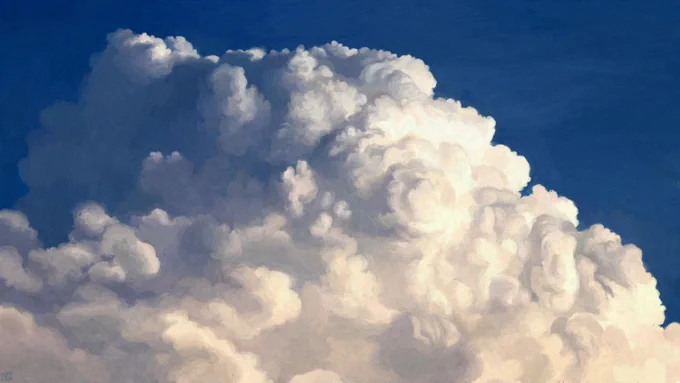 Digital painting of a huge, bubbling cloud, like a head of cauliflower in a bright blue sky. It is lit sideways, creating strong contrasts between light and shadows.