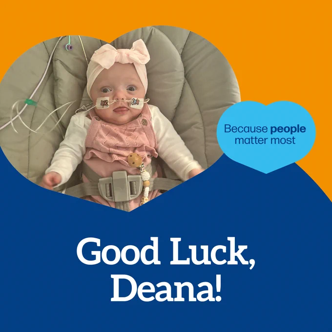 Baby Evie at home with text 'Good Luck, Deana!'