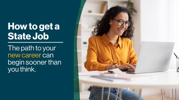 Person in a yellow shirt smiling and using a laptop at a desk, with a promotional banner by EDD stating 'How to get a State Job: The path to your new career can begin sooner than you think'.
