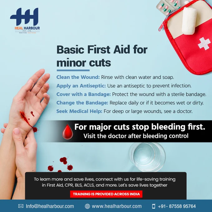 Basic First Aid for minor cuts 

Clean the Wound: Rinse with clean water and soap. 
Apply an Antiseptic: Use an antiseptic to prevent infection. 
Cover with a Bandage: Protect the wound with a sterile bandage. 
Change the Bandage: Replace daily or if it becomes wet or dirty. 
Seek Medical Help: For deep or large wounds, see a doctor. 

* For major cuts stop bleeding first. Visit the doctor after bleeding control

"To know more and save lives connect with us for life-saving training such as First Aid, CPR, BLS, ACLS, and more, & lets save lives together"

Training Is Provided Across India

Contact Us:  91-87558 95764

Learn More : www.healharbour.com


#MinorCuts #BasicFirstAid #Heal #Harbour #HealHarbourPvtLtd #Training #Uttarakhand