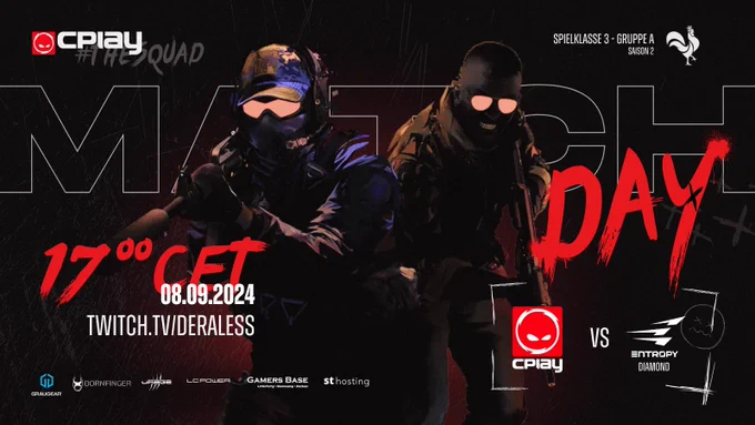Matchday: CPLAY vs. Entropy Diamond, 08.09.2024, 17:00 CET; twitch.tv/deraless;
DACH CS Masters Saison 2 - Spielklasse 3 - Gruppe A