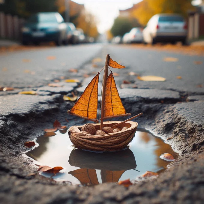 suburban street, pothole filled with water, a small nutshell with a sail made from an autumn leaf, ship of theseus style, stop motion animation, focus on the ship --s 200 --c 3 --v 6.1