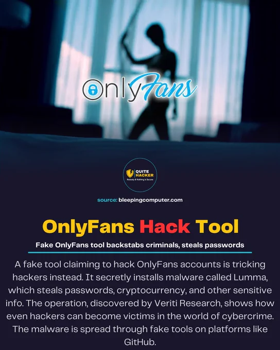 A fake tool claiming to hack OnlyFans accounts is tricking hackers instead. It secretly installs malware called Lumma, which steals passwords, cryptocurrency, and other sensitive info. The operation, discovered by Veriti Research, shows how even hackers can become victims in the world of cybercrime. The malware is spread through fake tools on platforms like GitHub.