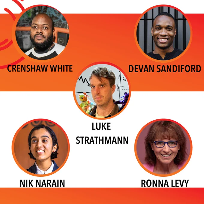 Headshots of five storytellers performing in this show: Crenshaw White, Devan Sandiford, Luke Strathmann, Nik Narain, Ronna Levy.
