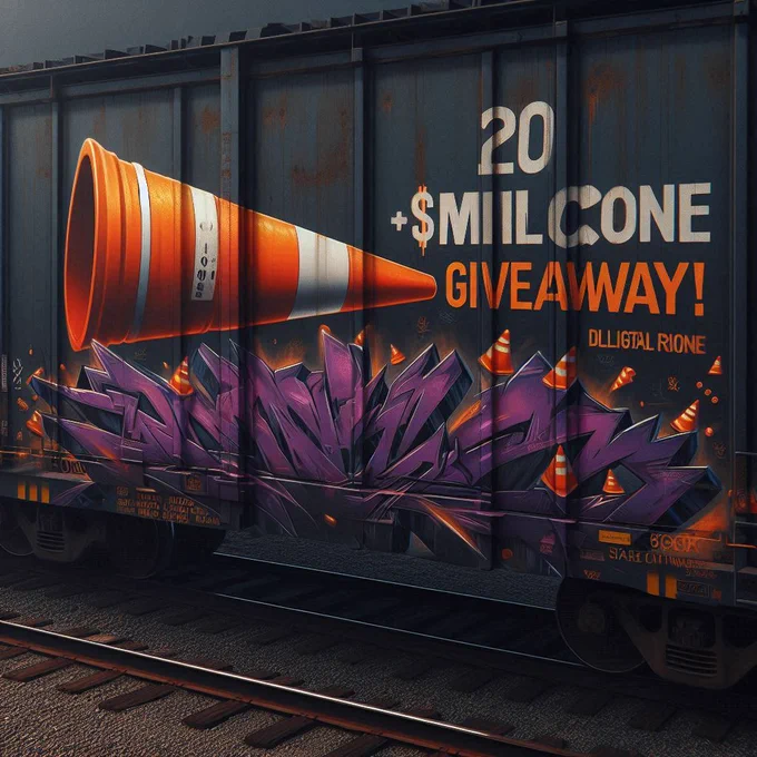 An ai generated picture of a train car, it has a graffiti mural that says "20 million $Cone giveaway and has a large street Cone acting as a trumpet. It's oragne with white stripes and the accents around the picture are my favourite colour. https://www.reddit.com/r/ConeHeads/s/8h8kd7KbSz