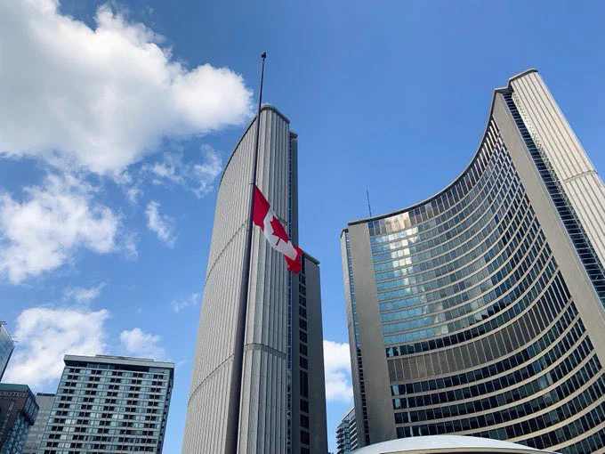 Canada flag at half mast in front of City Hall.