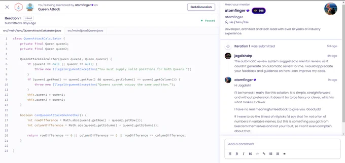 Exercism review screenshot where the mentor praises a Queen Attack solution for being simple, clever, and without needing improvement.