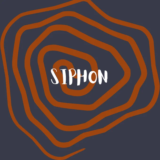 An orange spiral on a blue-grey background. In the centre, white text reads: "Siphon"