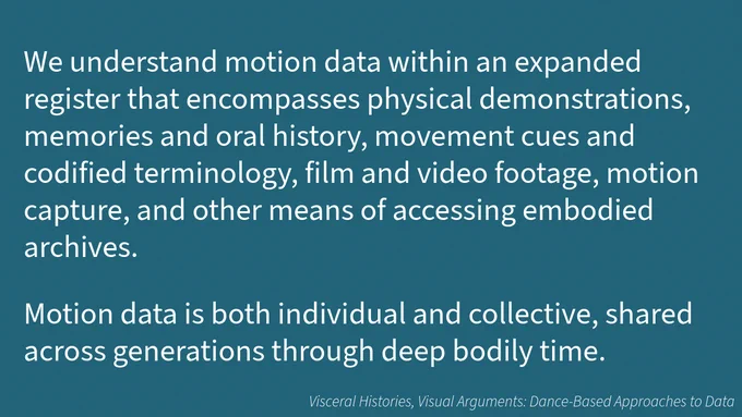 We understand motion data within an expanded register that encompasses physical demonstrations, memories and oral history, movement cues and codified terminology, film and video footage, motion capture, and other means of accessing embodied archives. Motion data is both individual and collective, shared across generations through deep bodily time.