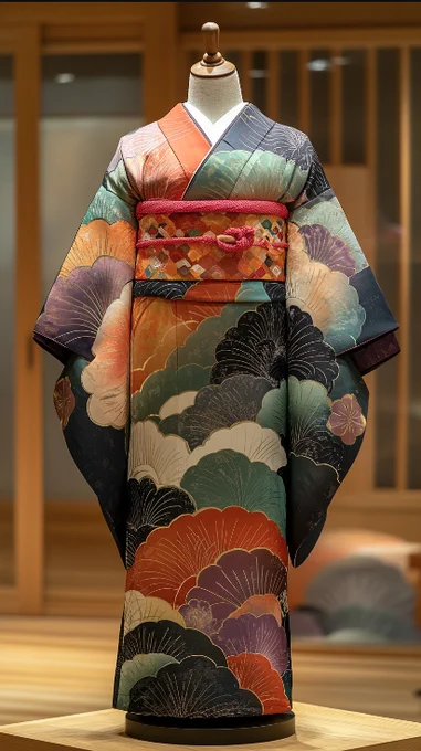 a dressform modeling a summery kimono with a large scalloping floral design, with hues of blue, purple, red, green, and orange.