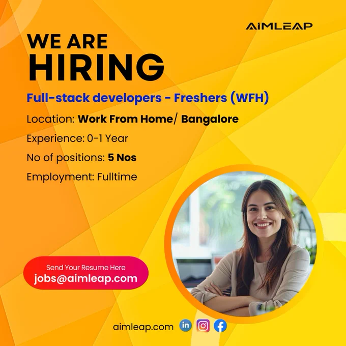 Full-stack developers - Freshers (WFH)
Experience: 0 to 1 year
Location: Work from Home/Bangalore/India
CTC: 4 lacs to 5 lacs INR per annum
No of positions: 10
Educational qualification: MBA/PGDM/Engineering
Industry: Software/IT-ITES

Qualifications & Requirements:

Strong understanding of web development concepts and technologies.
Proficiency in front-end technologies such as HTML, CSS, JavaScript, and front-end frameworks/libraries like React, Angular, or Vue.js.
Any relevant internships, projects, or certifications demonstrating practical experience in web development would be advantageous.
Basic knowledge of server-side programming languages such as Node.js, Python, or Java.

Responsibilities:

Responsible for developing and maintaining both front-end and back-end aspects of web applications.
Collaborate with the development team to design, develop, test, and deploy web applications.
Develop front-end components using HTML, CSS, and JavaScript frameworks such as React, Angular, or