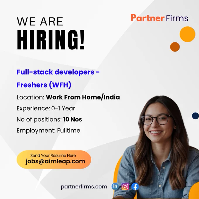 Full-stack developers - Freshers (WFH)
Experience: 0 to 1 year
Location: Work from Home/Bangalore/India
CTC: 4 lacs to 5 lacs INR per annum
No of positions: 10
Educational qualification: MBA/PGDM/Engineering
Industry: Software/IT-ITES

Qualifications & Requirements:

Strong understanding of web development concepts and technologies.
Proficiency in front-end technologies such as HTML, CSS, JavaScript, and front-end frameworks/libraries like React, Angular, or Vue.js.
Any relevant internships, projects, or certifications demonstrating practical experience in web development would be advantageous.
Basic knowledge of server-side programming languages such as Node.js, Python, or Java.

Responsibilities:

Responsible for developing and maintaining both front-end and back-end aspects of web applications.
Collaborate with the development team to design, develop, test, and deploy web applications.
Develop front-end components using HTML, CSS, and JavaScript frameworks such as React, Angular, or