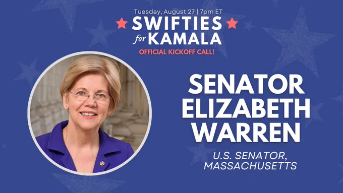 Graphic with round image of Sen. Elizabeth Warren's official portrait. Text reads SENATOR ELIZABETH WARREN, U.S. SENATOR, MASSACHUSETTS