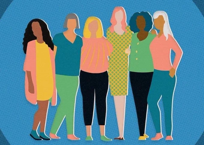 Silhouette drawing of a diverse group of six women standing close together in a line against a teal background. Women are of various heights and sizes, with various hairstyles, wearing dresses, tops with skirts or trousers. Main clothing colours black, yellow, green and pink.