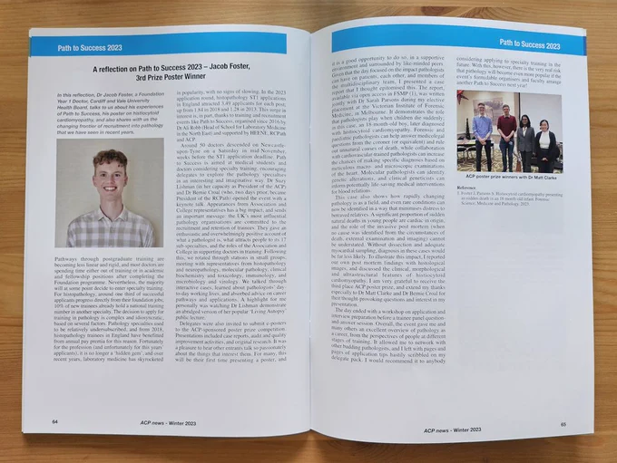 ACP news, the Association of Clinical Pathologists magazine, open to show an article reflecting on Path to Success 2023 by Jacob Foster.