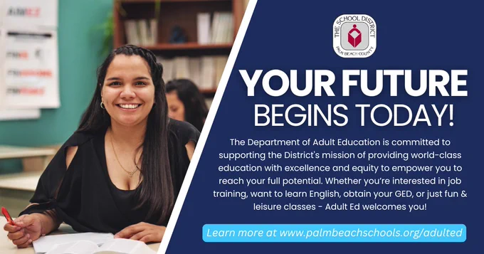 Smiling woman at a desk with text promoting adult education.