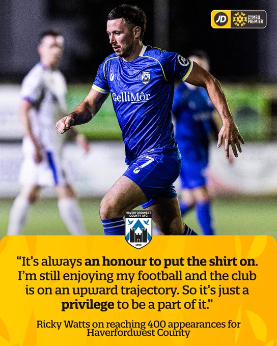 Ricky Watts quote graphic:

“It’s always an honour to put the shirt on. I’m still enjoying my football and the club is on an upward trajectory. So it’s just a privilege to be a part of it.”