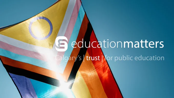 EducationMatters logo overtop Pride flag