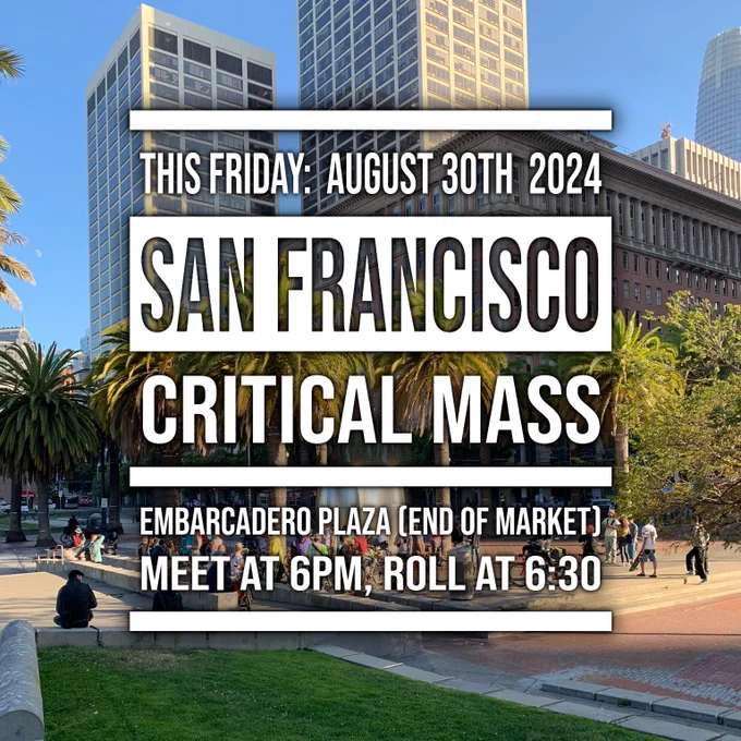Bright photo of the greenery of Embarcadero Plaza with a crowd of people with bicycles and skateboards gathered
