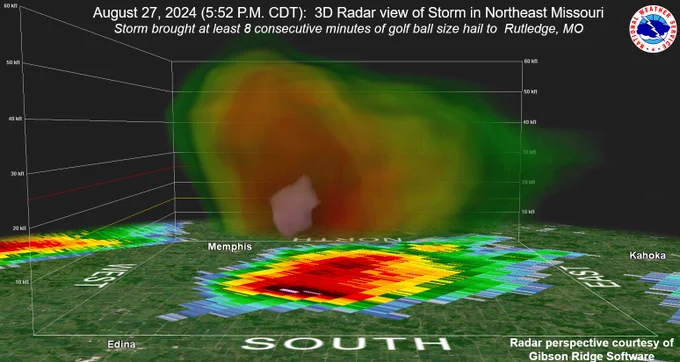 3D radar view of hail producing storm in northeast MO.