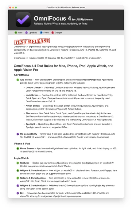Screenshot of OmniFocus 4.4 TestFlight Release Notes