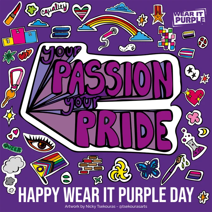 your PASSION
your PRIDE 
HAPPY WEAR IT PURPLE DAY
Artwork by Nicky Tsekouras - @tsekourasarts

ID: The purple tile is covered in small colourful sticker illustrations including different pride flags and queer cultural references with 'your passion your pride' in large purple block text.