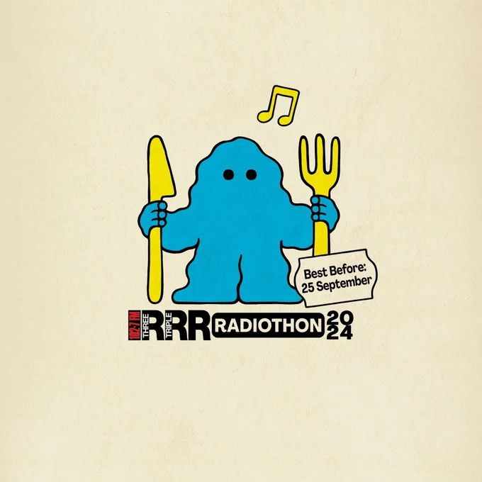 Blue lemming holding yellow knife and fork, under yellow double quaver, above text reading ‘Triple R Radiothon best before 25 September’.