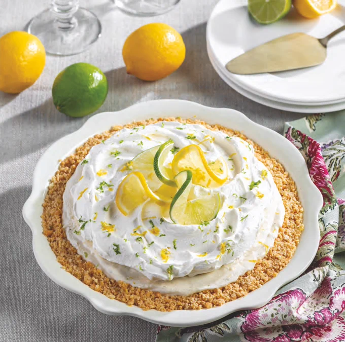 First: Lemon-Lime Icebox Pie topped with meringue and sliced lemons and limes. 
