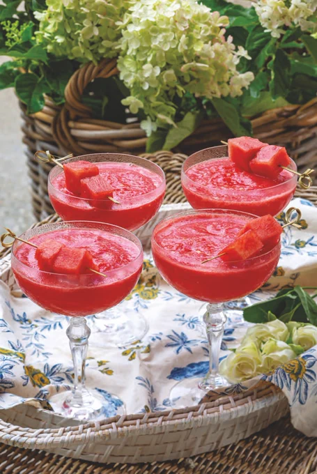 Third: Coupe glasses filled with Watermelon Frosé.
